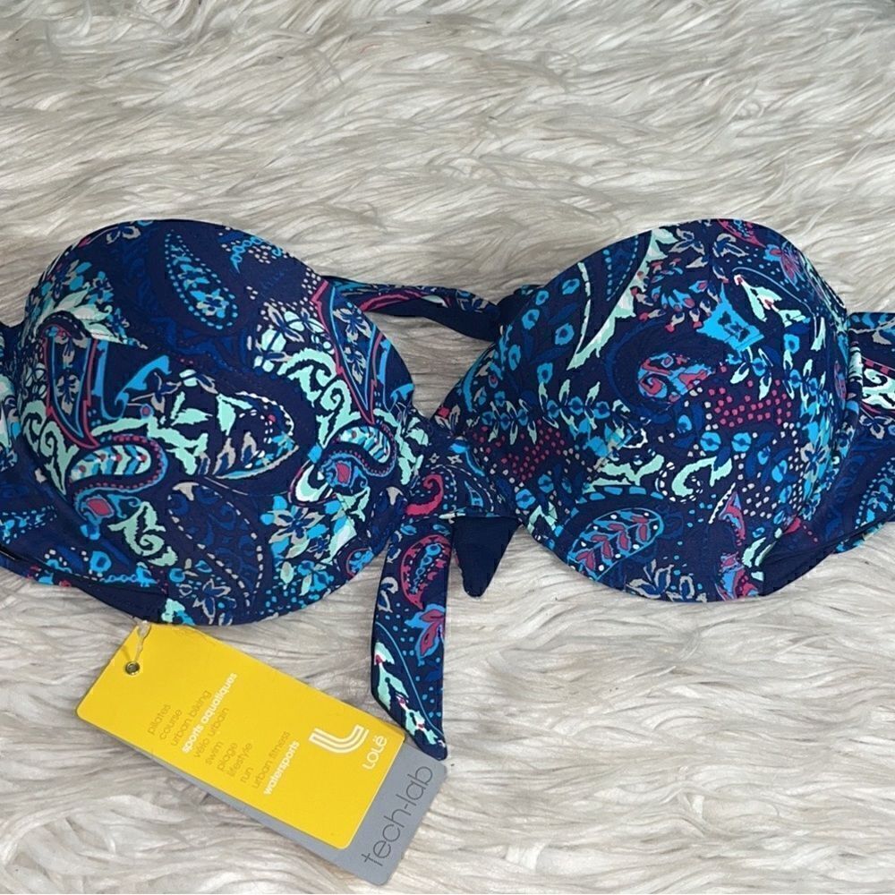 Lole‎ Bikini Top Womens Sz L padded paisley Front Tie Evening Blue tech lab New